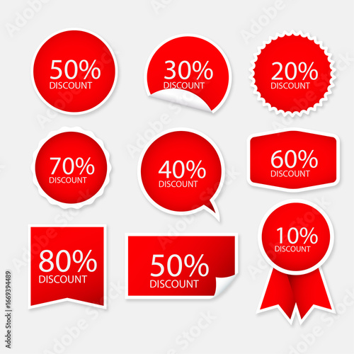 Deals and Discounts: A collection of vibrant red stickers boldly advertising discounts, ranging from 10% to 80% off, creating an eye-catching display of savings and promotional offers.