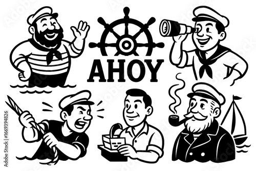 Fototapete Retro cartoon sailors and nautical elements in vintage comic style, Transparent