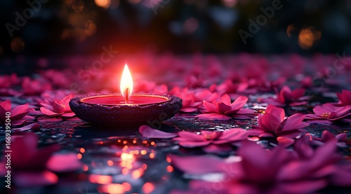 Single lit red candle surrounded by pink lotus flowers on water flame fire