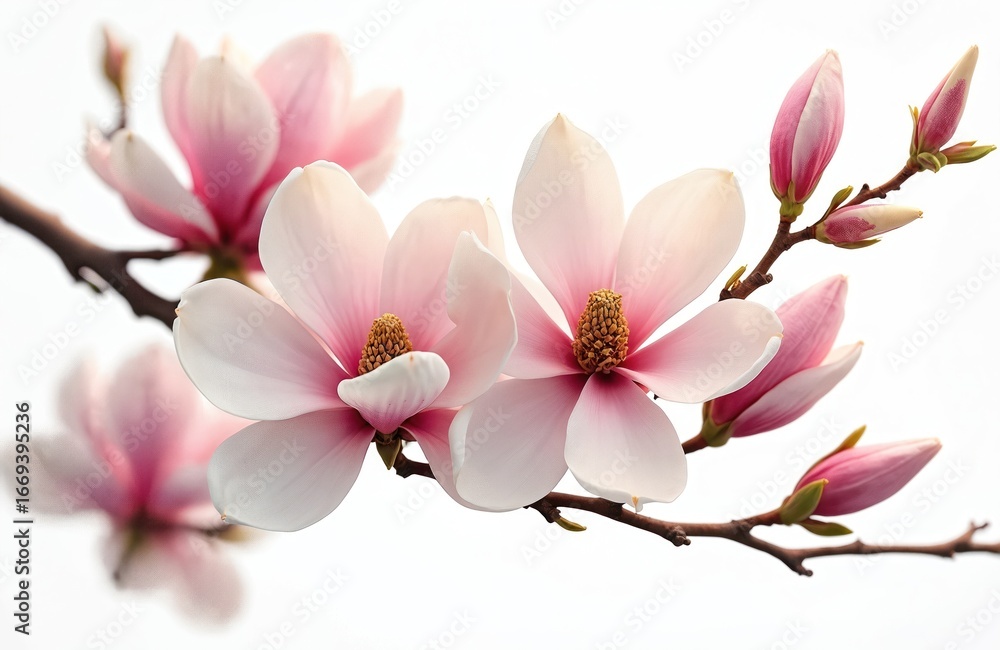 Obraz premium Pink, white magnolia blossoms, buds on branches. Delicate, elegant flowers bloom, evoking spring freshness, natural beauty. Soft pastel petals, intricate floral details, isolated on white background.