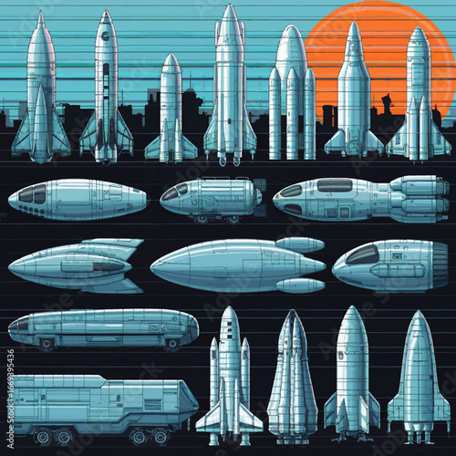 Futuristic space vehicle concepts with rocket ships and spacecraft designs for commercial use
