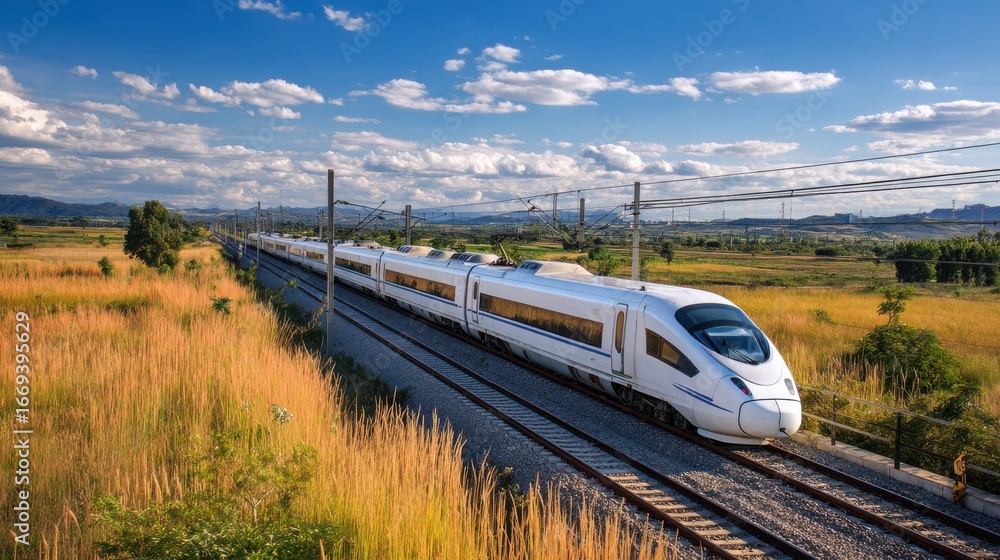 Fototapeta premium White High-Speed Train Traveling Through Green Grassland Under Blue Sky
