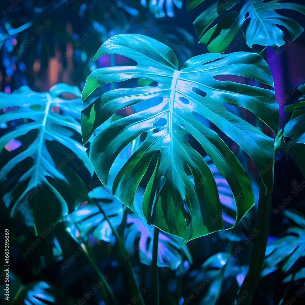 Obraz premium Vibrant Neon Monstera Deliciosa Leaves Tropical Plant Background