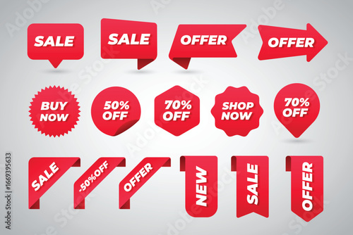 Red Sales Promotion Icons: A collection of bold red icons promoting sales, offers, discounts, and calls to action, perfect for e-commerce, retail, and marketing materials.