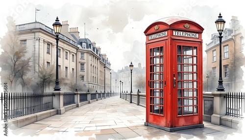 A charming watercolor painting of a classic red telephone box in London, set against a softly rendered urban backdrop