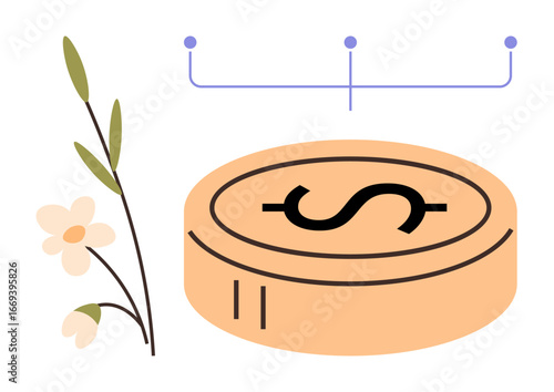 Dollar coin with dollar sign, delicate flowers and minimal linear graphic elements. Ideal for finance, investment, sustainability, savings, growth, eco-business balance. Simple flat metaphor