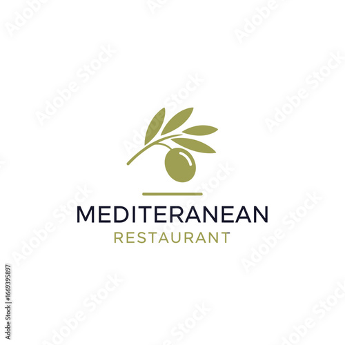 Minimalist logo for a Mediterranean restaurant featuring a stylized olive branch with a single olive.