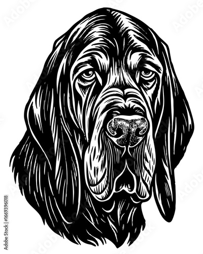 Striking black and white linocut portrait of a noble Bloodhound dog's face, conveying loyalty and character.