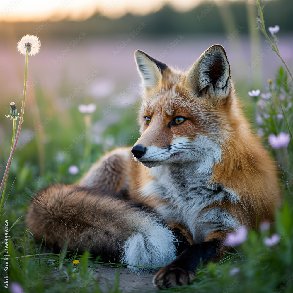 Fototapeta premium Red Fox in a Meadow Dreamy Wildlife Scene Serene Beauty Nature Shot