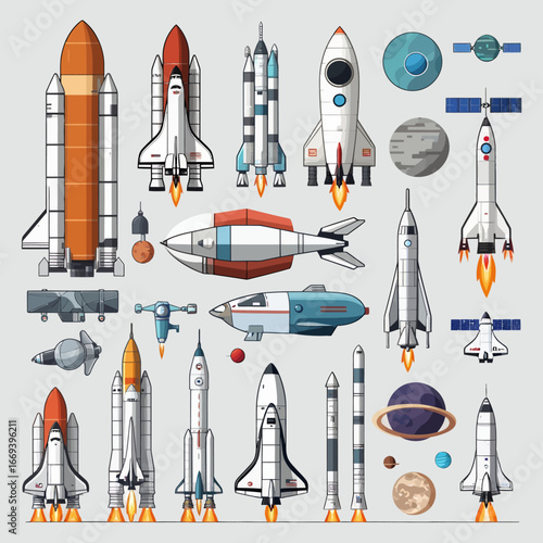Dynamic collection of colorful rockets, spacecraft, and planets ready for space exploration designs
