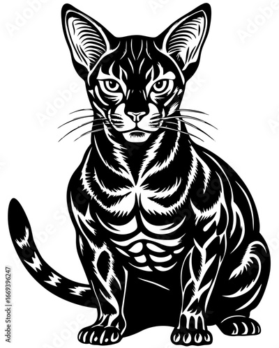 Sleek Oriental Shorthair cat striking a pose with elegant, stylized linework and bold contrast