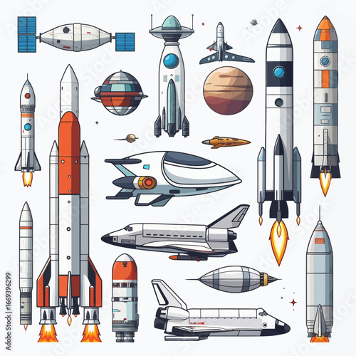 Colorful collection of retro space rockets and futuristic spacecraft designs for exploration
