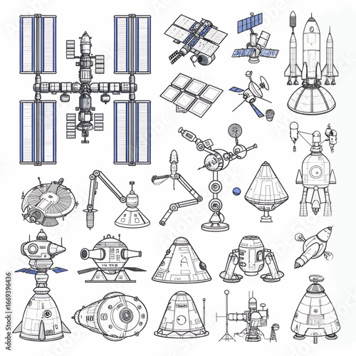 Fototapeta Naklejka Na Ścianę i Meble -  Futuristic space exploration concepts illustrated with rockets, satellites, and space stations

