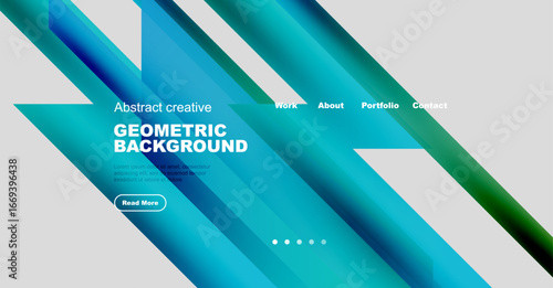 Abstract geometric background features vibrant blue, green gradients. Text overlays include work, about, portfolio, contact options. Button invites further reading.
