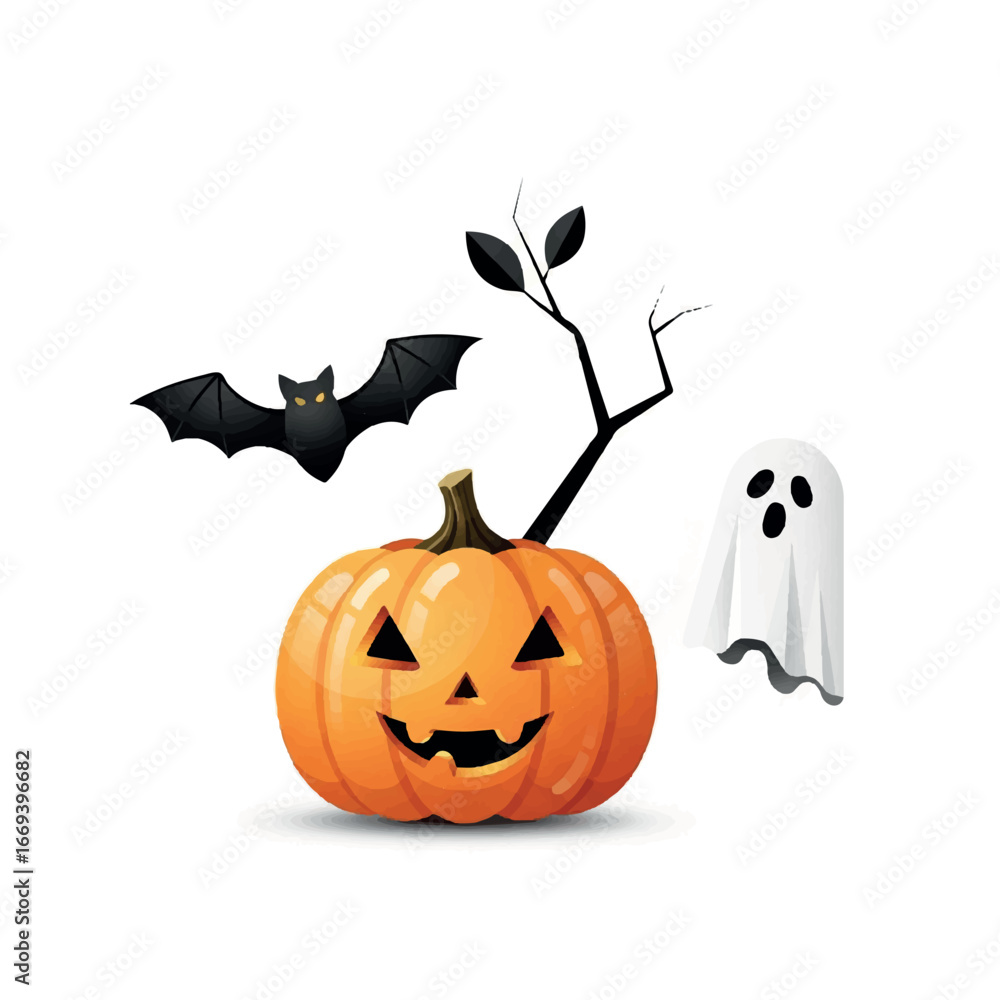 Fototapeta premium Halloween Pumpkin with Bat and Ghost Decoration.