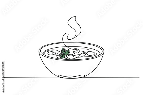 Simple line art drawing of a steaming bowl of soup with noodles and greens on a white background