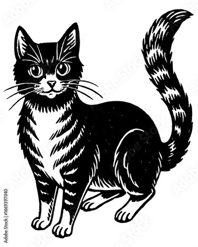 Charming black and white feline portrait with expressive eyes and fluffy tail, perfect for pet lovers