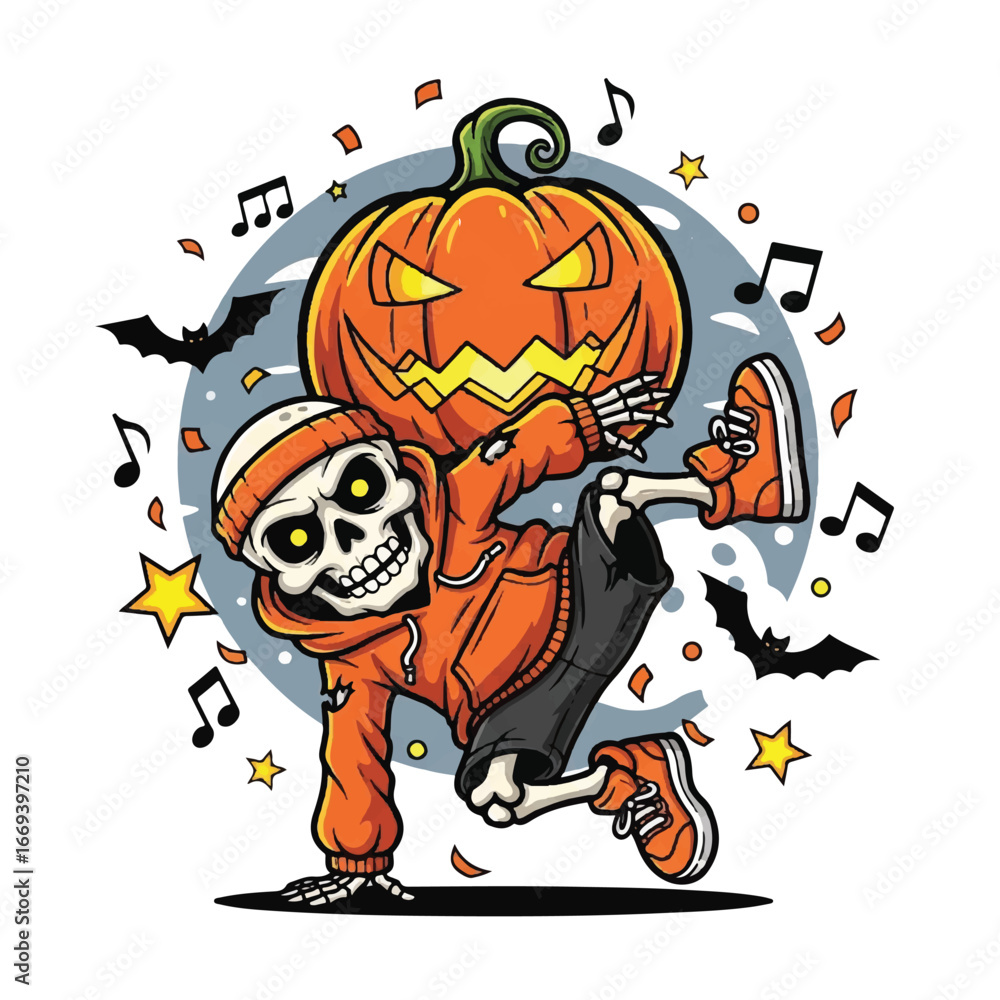 Fototapeta premium A cartoon skeleton dancing while carrying a large jack-o'-lantern pumpkin.