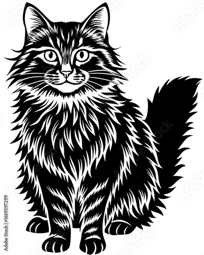 Charming fluffy cat with expressive eyes sits patiently, ready for affection and play