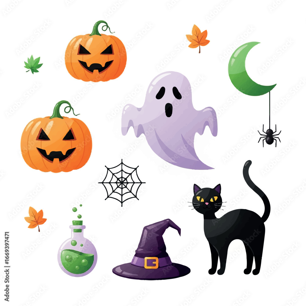 Fototapeta premium Halloween Cartoon Icons: Pumpkins Ghost Cat and Witch Hat.