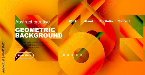 Dynamic abstract design. Orange, yellow hues dominate. Geometric shapes create modern visual impact. Website header includes navigation options.