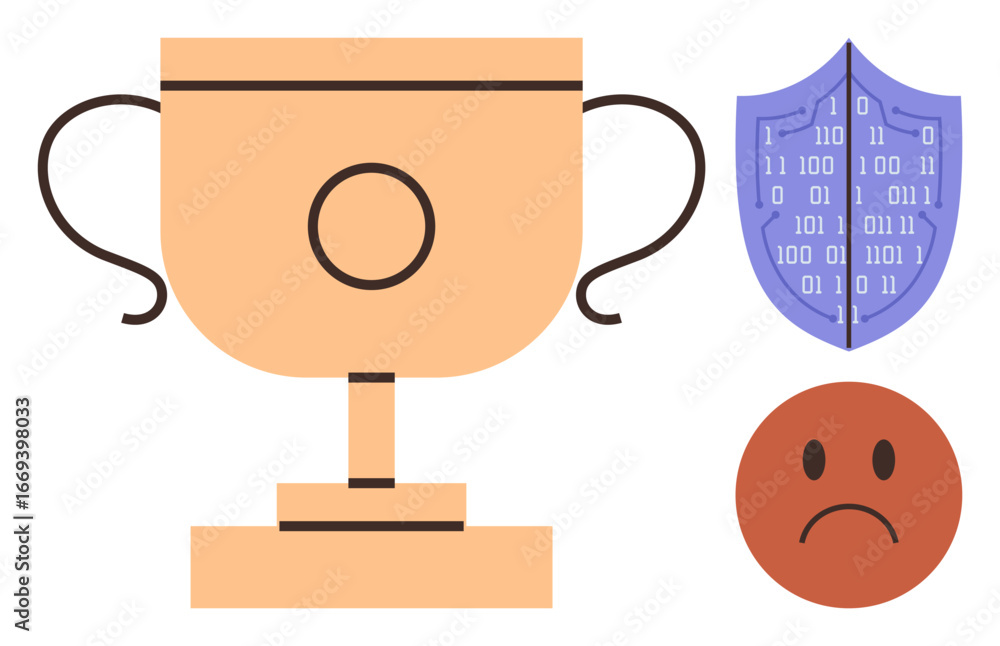 Fototapeta premium Golden trophy representing achievement, shield with binary code symbolizing cybersecurity, and sad face denoting challenges or failure. Ideal for ambition, competition, data protection, resilience