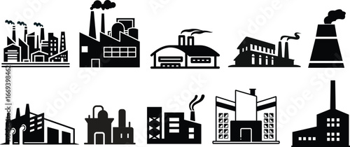 Industrial building factory icon set.Factory and industrial vector line icon.Industry power, chemical manufacturing building warehouse nuclear energy plant.Industrial building, factory and power plant