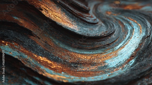 Shimmering metallic waves creating ocean dreams and cosmic mysteries with a dark bold and bronze