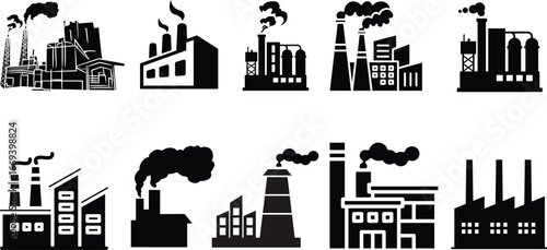 Industrial building factory icon set.Factory and industrial vector line icon.Industry power, chemical manufacturing building warehouse nuclear energy plant.Industrial building, factory and power plant