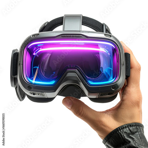 Hand Holding Futuristic VR Headset with Neon Glowing Visor – Isolated on Transparent Background