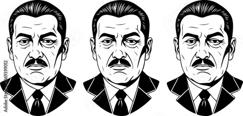 Three identical portraits of a man with a mustache wearing a suit and tie in black and white style art