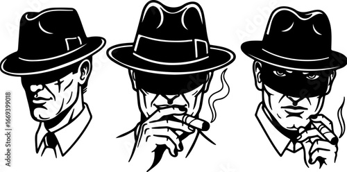 Three stylized men wearing fedora hats and smoking cigars in a black and white illustration style