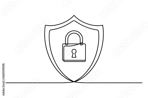 Minimalist continuous line drawing of a shield with a padlock symbolizing security privacy and protection
