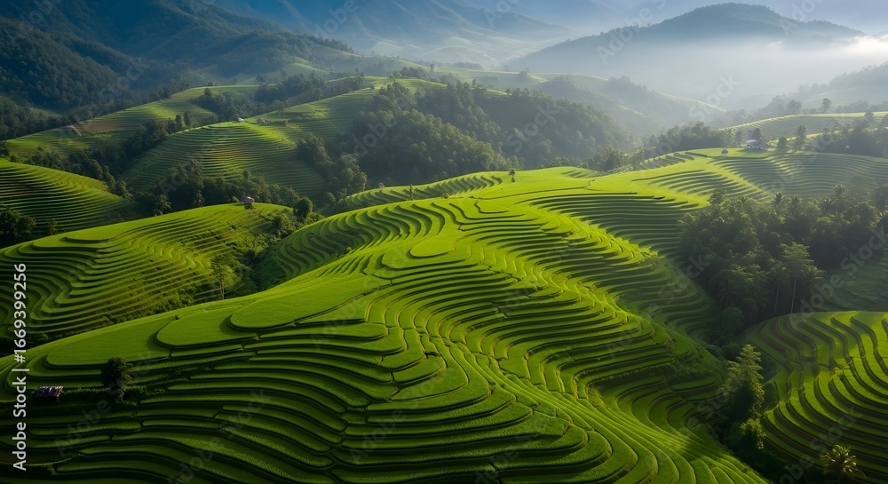 Naklejka premium Aerial shot of terraced rice fields on a hillside, the golden hour light makes the green color even warmer