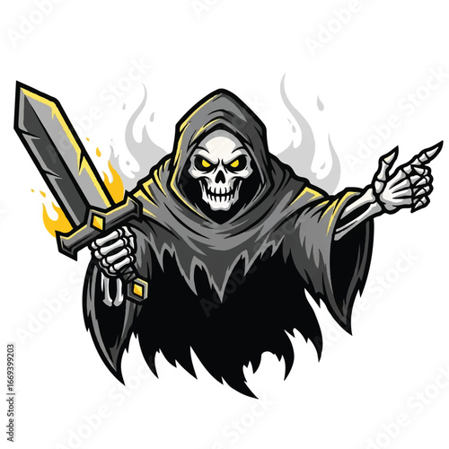 Cartoon grim reaper with sword, pointing. Vector illustration of spooky skeleton character.