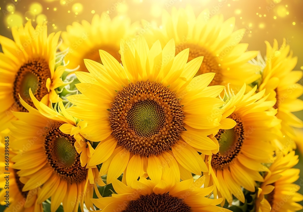 Fototapeta premium Closeup of bright yellow sunflowers in bloom