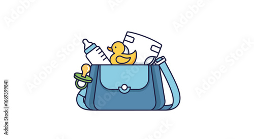 baby diaper bag, bottle, pacifier, rubber duck, essentials, parenthood, childcare, infant, newborn