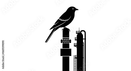bird on industrial pipe, environmental impact, nature vs industry, pollution, silhouette illustration