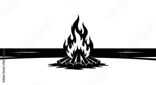 campfire flames burning bright, black silhouette, wood logs, fiery night scene illustration