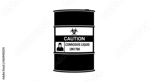 corrosive liquid in biohazard barrel, un1760, caution sign, industrial waste, chemical safety