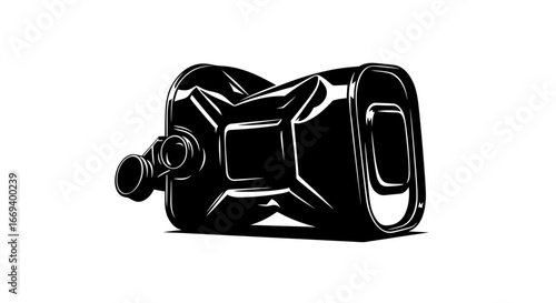 crushed jerrycan, black and white, side view, gas can, fuel container, vintage, rusty, graphic illustration, industrial, postapocalyptic