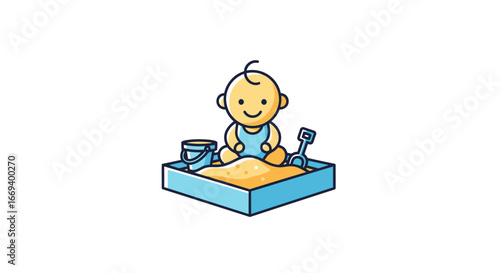 cute baby playing in a sandbox with toys, happy child, summer fun