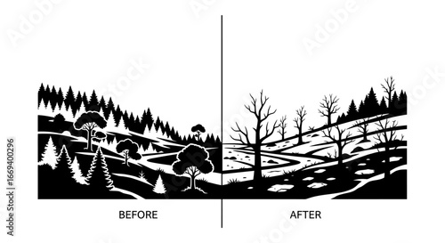 deforestation illustration before and after landscape comparison showing environmental damage and loss of trees