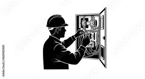 electrician working on electrical panel, maintenance, repair, safety, energy, power, wire, cable, technology, system, installation, industry, occupation,