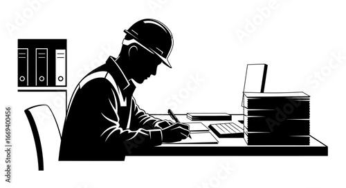 engineer hard at work desk, documents, and construction concept