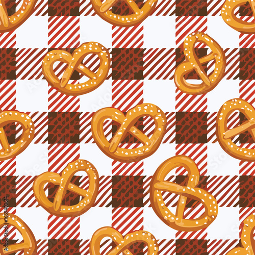 Seamless pattern of golden pretzels with salt on red and white checkered background