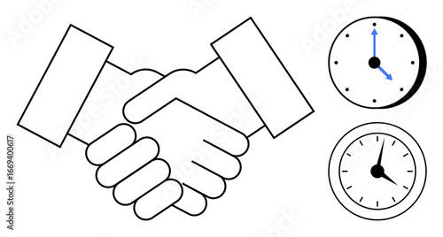 Handshake symbolizing partnership next to two clocks depicting specific times. Ideal for teamwork, collaboration, punctuality, scheduling, time tracking, goal setting, and agreements in a simple flat