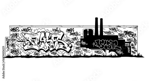 graffiti wall art urban factory style, black and white sketch, street art mural