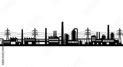 industrial power plant silhouette, factory skyline, energy production, manufacturing illustration, heavy industry, urban landscape