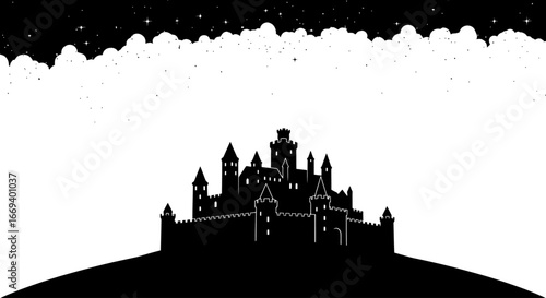 majestic castle silhouette at night, starry sky, fairytale illustration